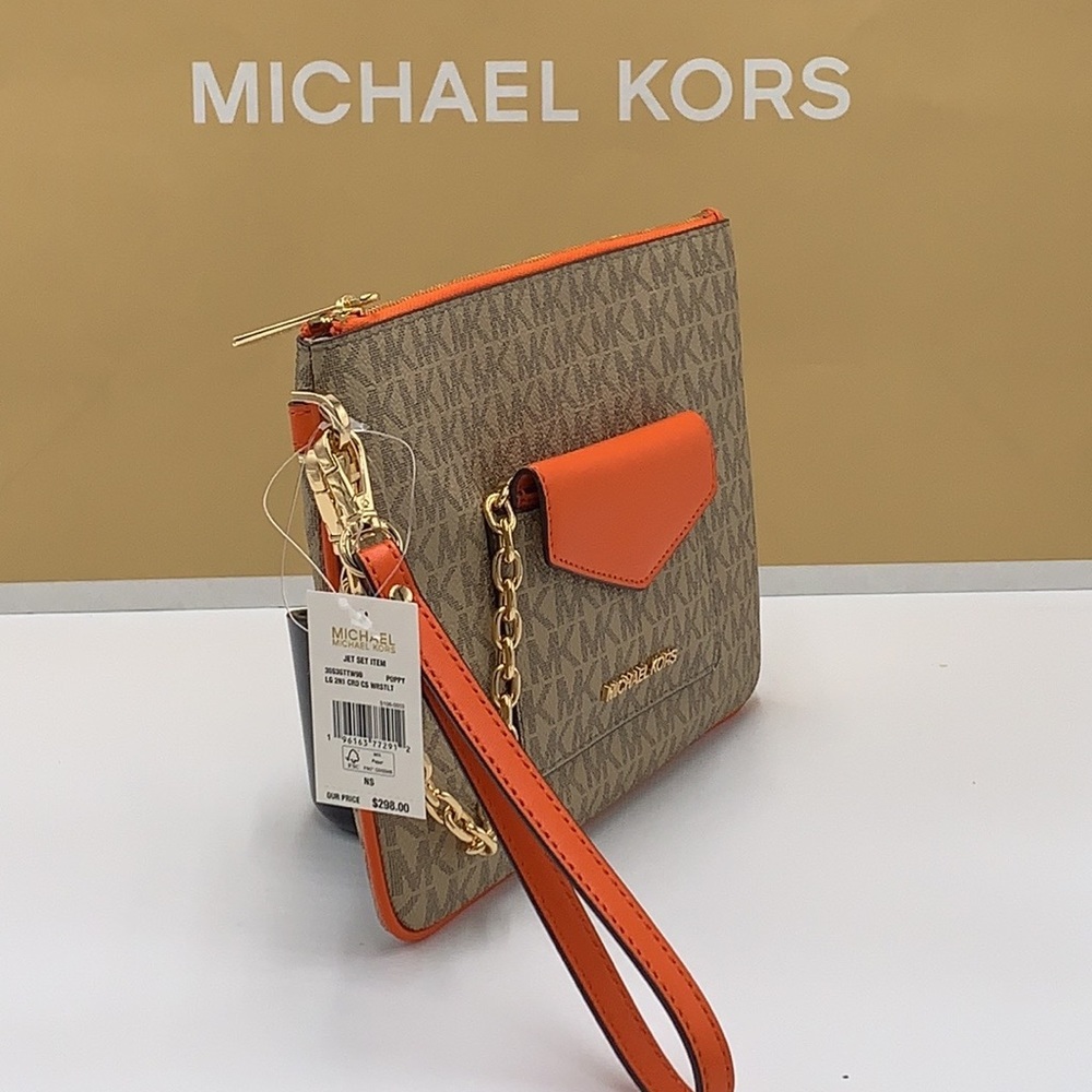 Michael Kors Jet Set LG 2 in 1 card case wristlet Wallet POPPY BROWN SIGNATURE - Picture 6 of 16